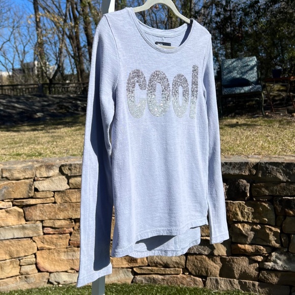 GapKids Gray Long-Sleeve, High-Low, A-Line T-Shirt with Sparkly Sequin "Cool" - Picture 2 of 15